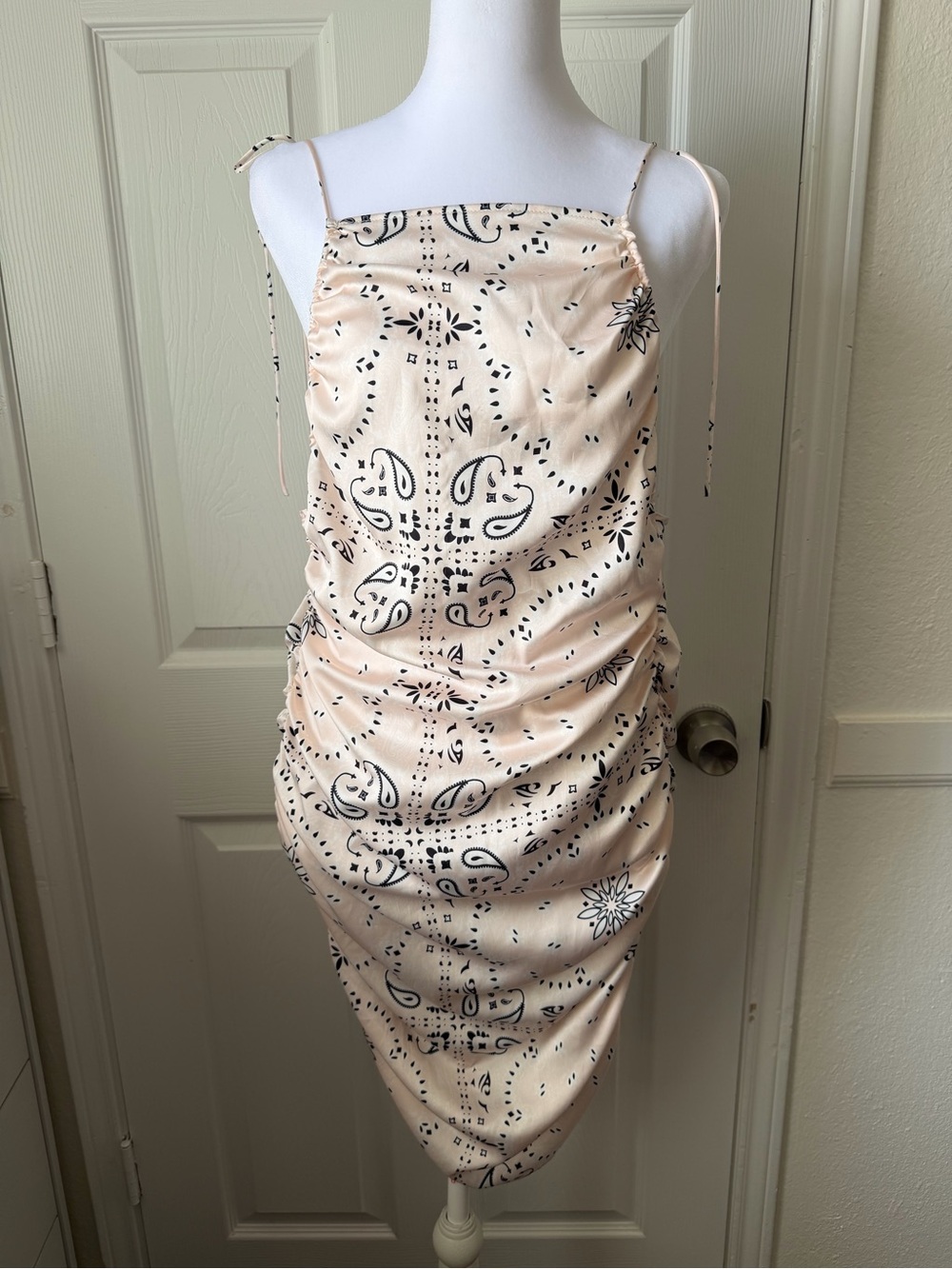 Lioness Bandana Print Ruched Open Back Midi Dress Small Blush Pink
